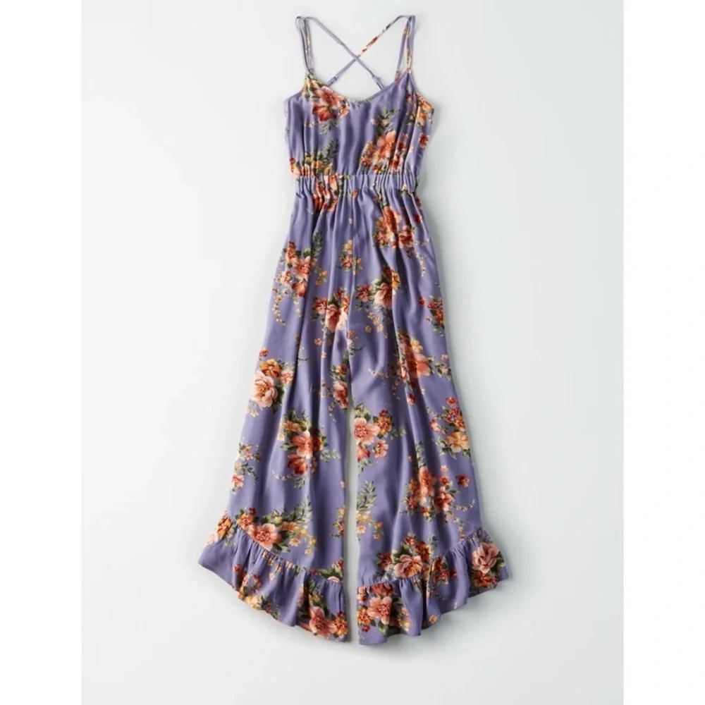 American Eagle Purple Floral Strappy Back Jumpsuit (NWT - minor damage) - Picture 3 of 7